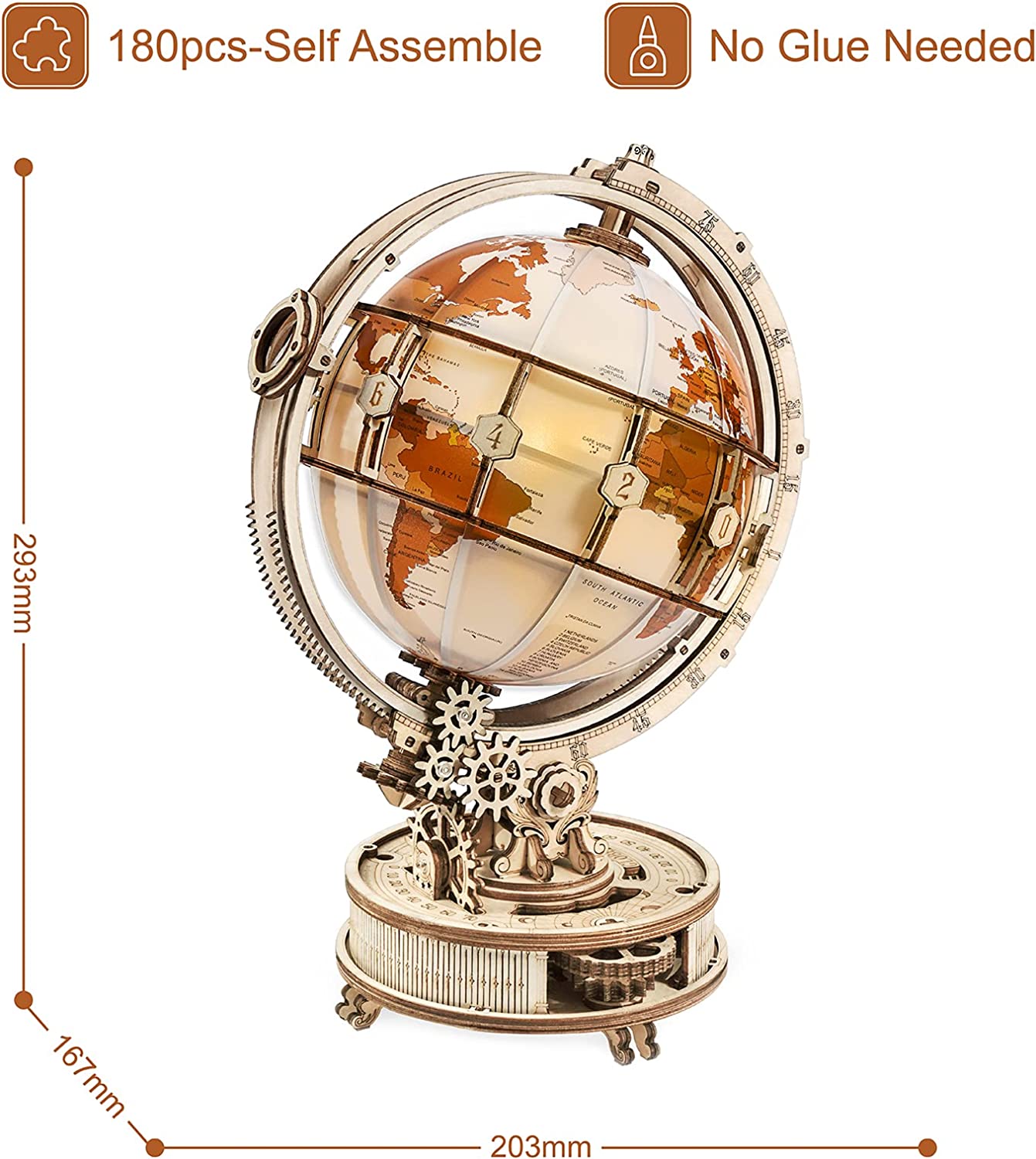 Globe lumineux 3D en bois – 180 pièces – 14+