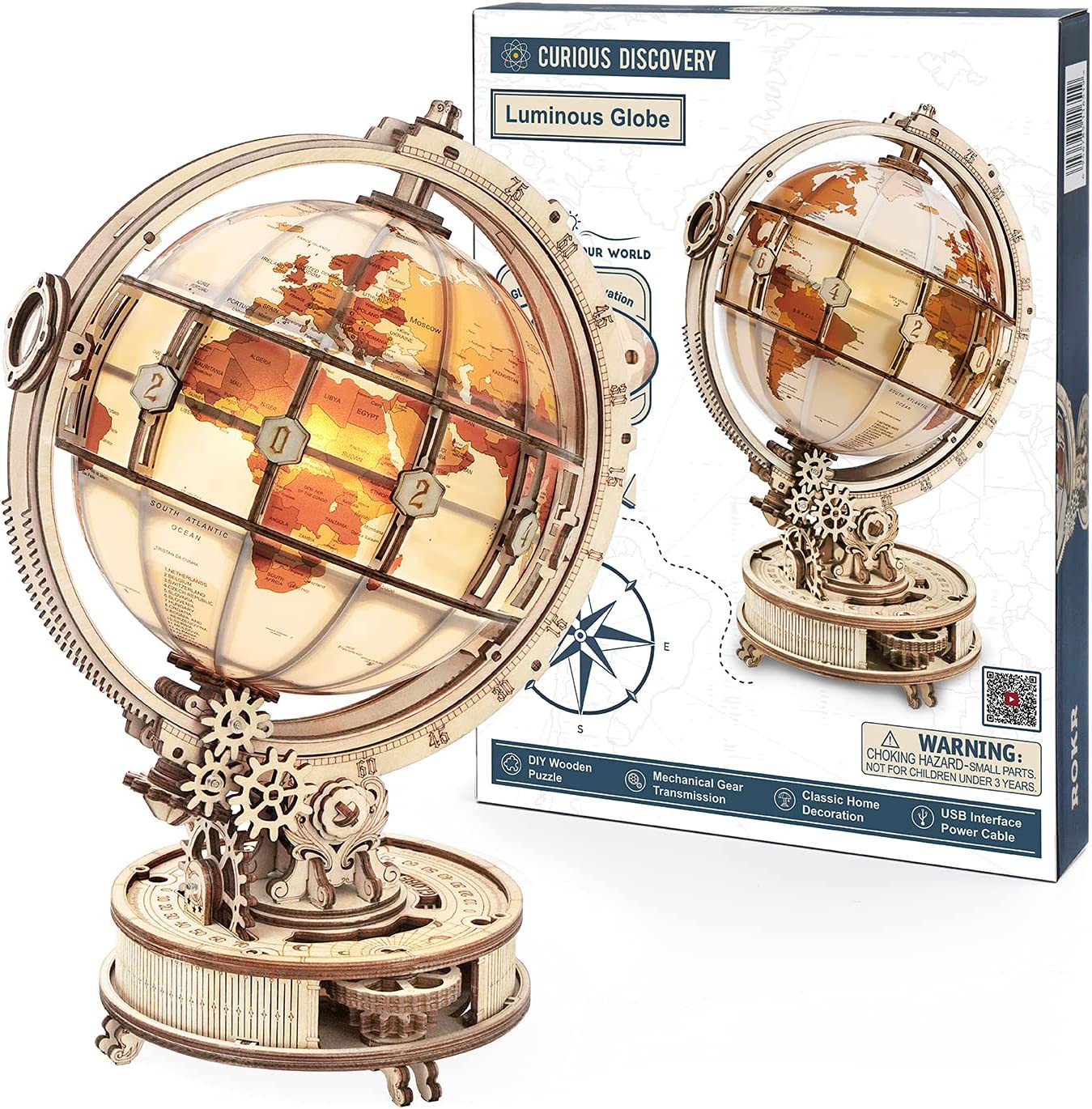 Globe lumineux 3D en bois – 180 pièces – 14+